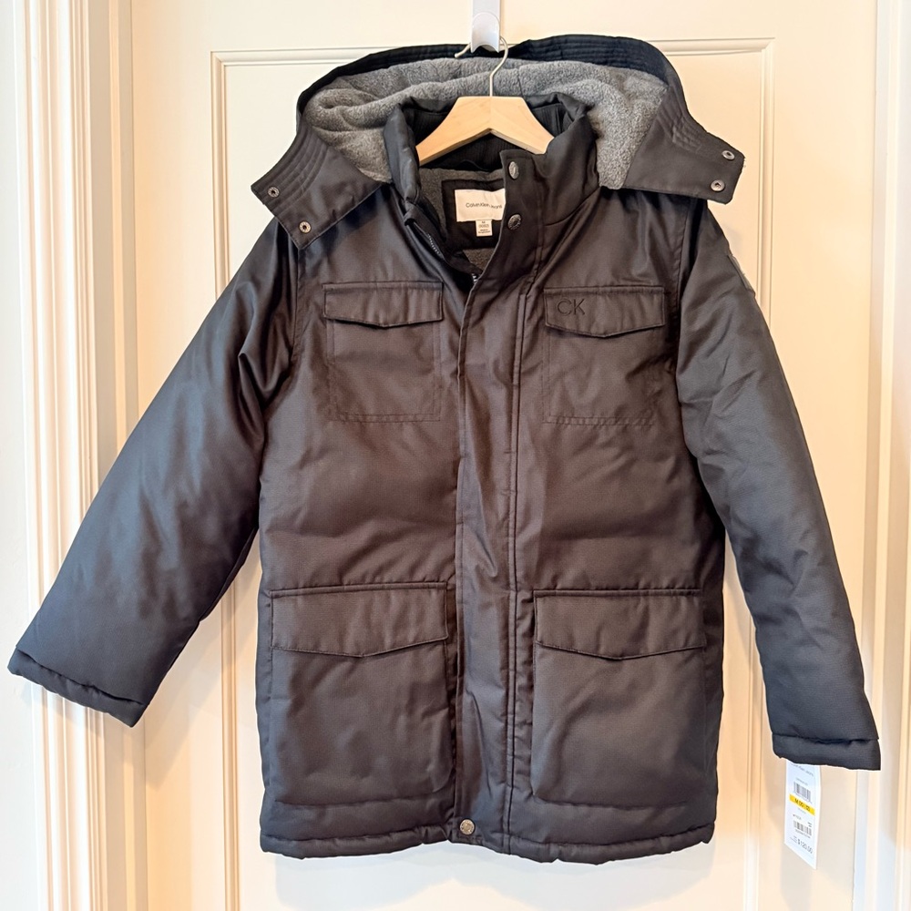 NWT Calvin Klein Jeans Charcoal Hooded Puffer Jacket - Black - Size M (10/12)